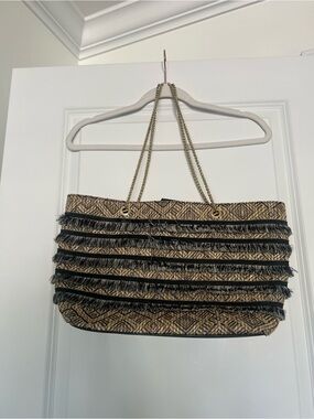 Gianni Bini Woven Fringe Tote Bag in Black and Tan